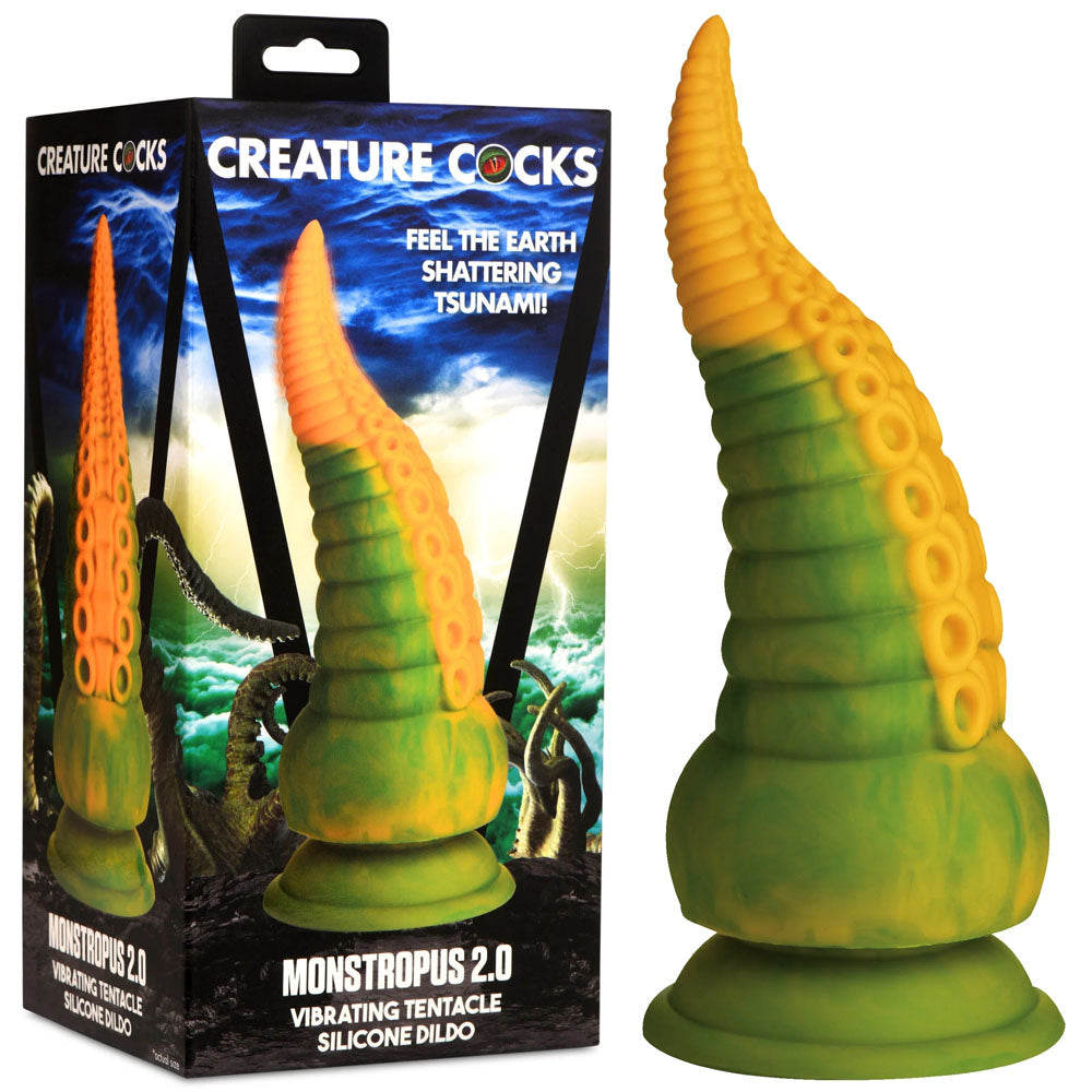 Creature Cocks Monstropus 2.0 Vibrating Tentacled Monster Silicone Dildo - Green/Yellow 18.5 cm USB Rechargeable Vibrating Fantasy Dildo