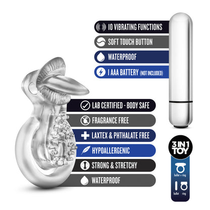 Stay Hard 10-Function Vibrating Tongue Ring - Clear Vibrating Cock & Ball Ring