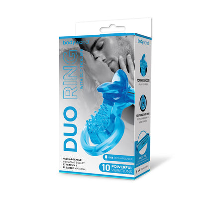 Bodywand Rechargeable Duo Ring with Clit Tickler - Blue USB Rechargeable Vibrating Cock Ring