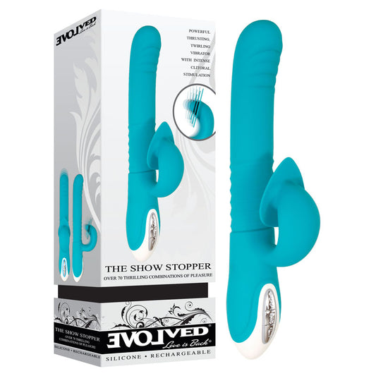 Evolved The Show Stopper - Teal 23.5 cm USB Rechargeable Thrusting Rabbit Vibrator