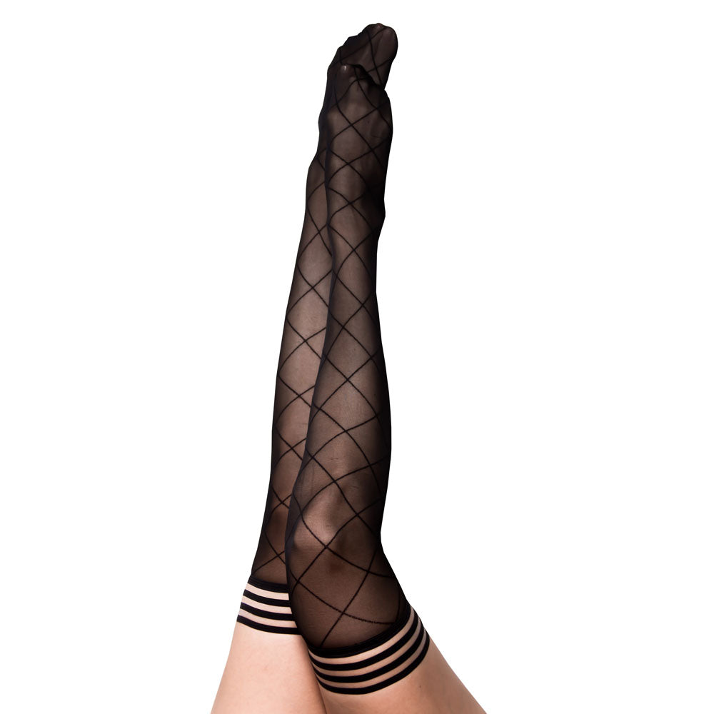 Kixies ANNA Sheer Black Diamond Thigh Highs - Black - Size B