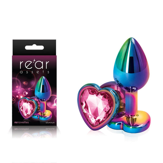 Rear Assets Multi Coloured Heart - Multi Coloured Small Metal Butt Plug with Pink Heart Gem Bas