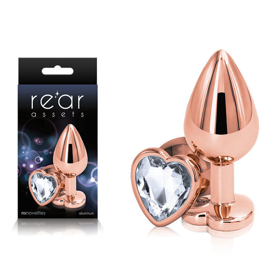 Rear Assets Rose Gold Heart Medium - Rose Gold Medium Metal Butt Plug with Clear Heart Gem Base