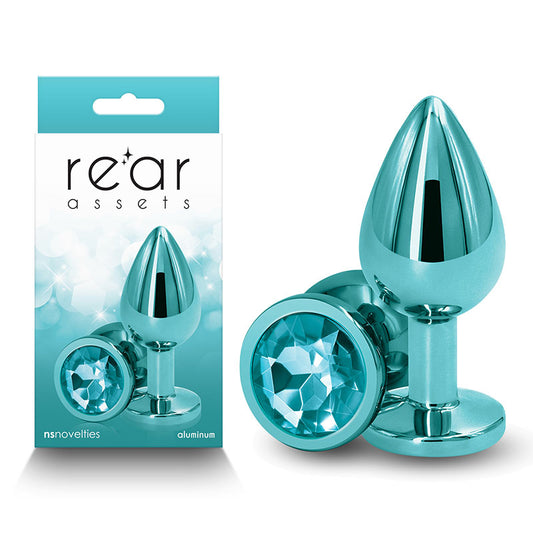 Rear Assets - Medium - Teal - Teal 8.2 cm Medium Metal Butt Plug with Teal Round Gem Base