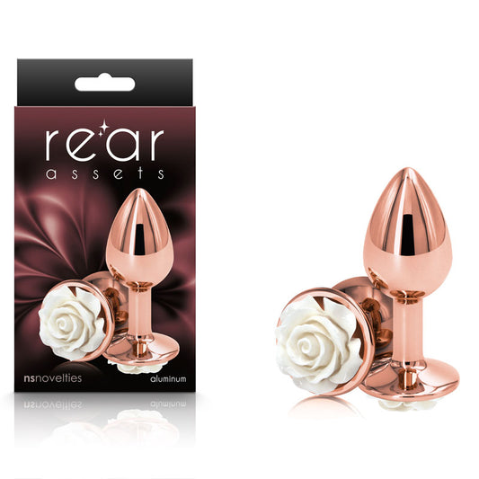 Rear Assets Rose - Small - Rose Gold 7.6 cm Metal Butt Plug with White Rose Base