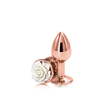 Rear Assets Rose - Small - Rose Gold 7.6 cm Metal Butt Plug with White Rose Base