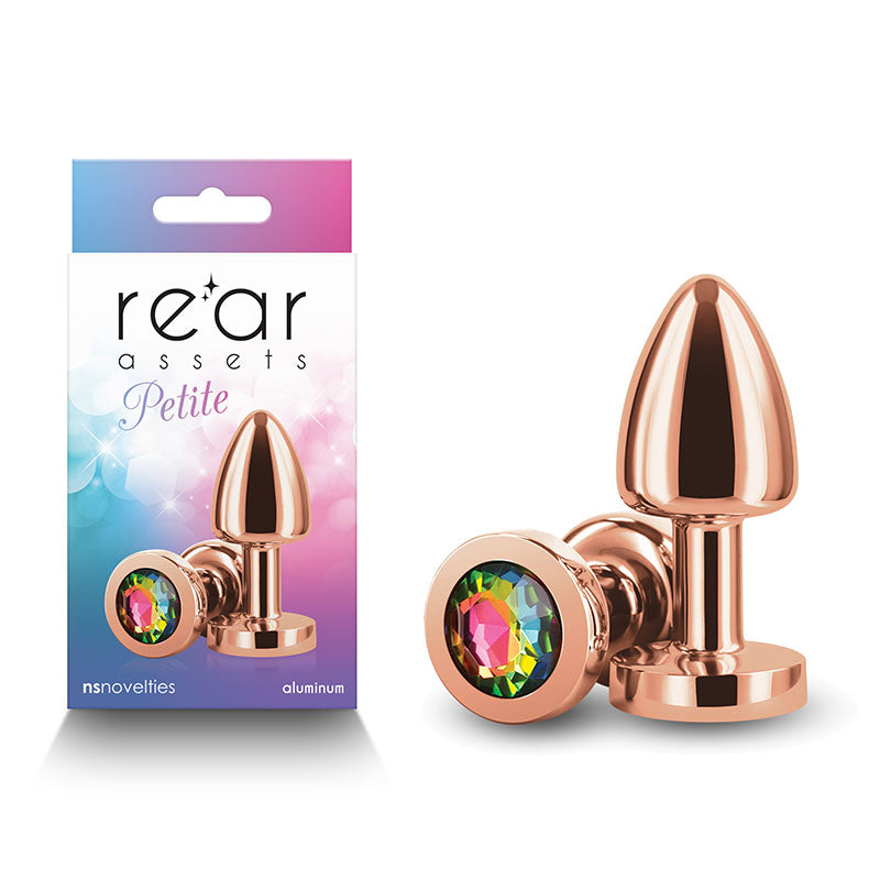 Rear Assets Petite - Rose Gold with Rainbow Gem - Rose Gold 6 cm Metal Butt Plug with Rainbow R