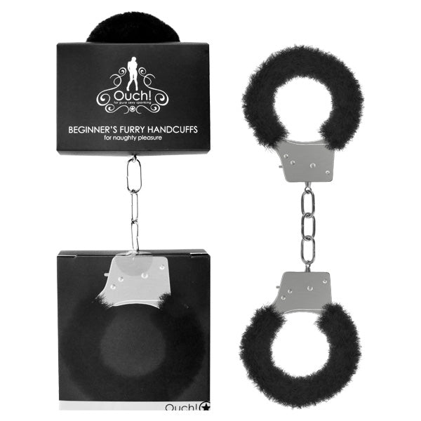 Ouch Beginners Furry Handcuffs - Black Fluffy Restraint