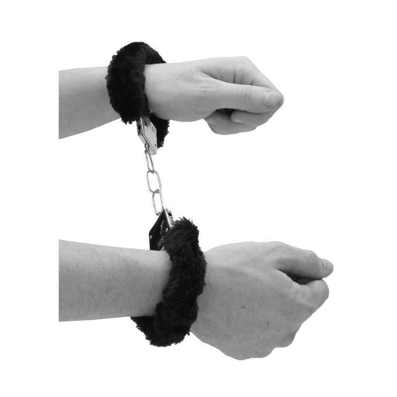 OUCH! Black & White Beginner's Furry Hand Cuffs - Black Restraints