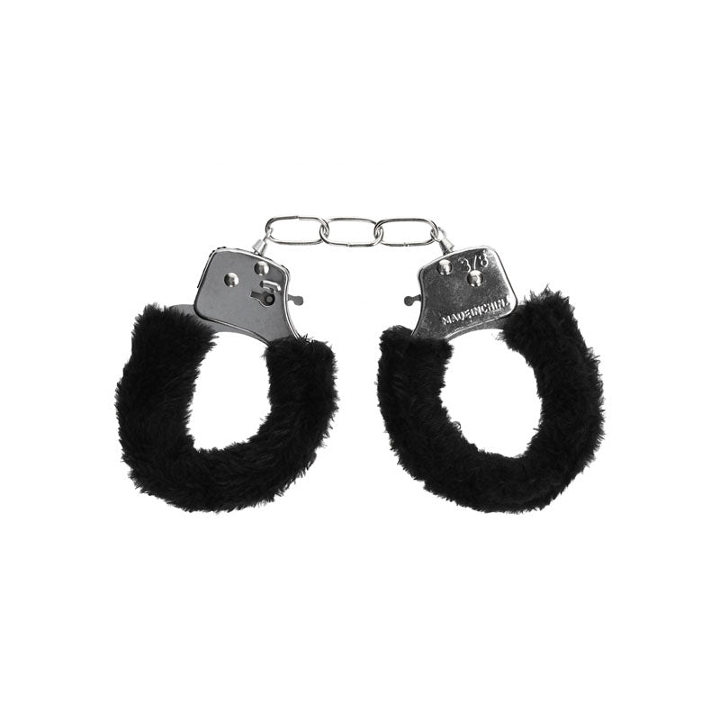 OUCH! Black & White Beginner's Furry Hand Cuffs - Black Restraints