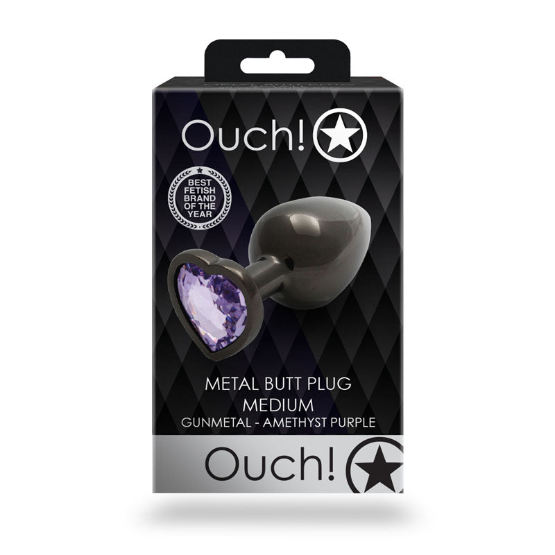 OUCH! Heart Gem Gunmetal Butt Plug - Medium - Gunmetal 8 cm Medium Butt Plug with Heart Gem Base