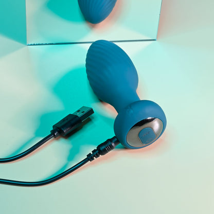 Playboy Pleasure SPINNING TAIL TEASER - Blue 9.7 cm USB Rechargeable Vibrating & Rotating Butt Plug with Wireless Remote