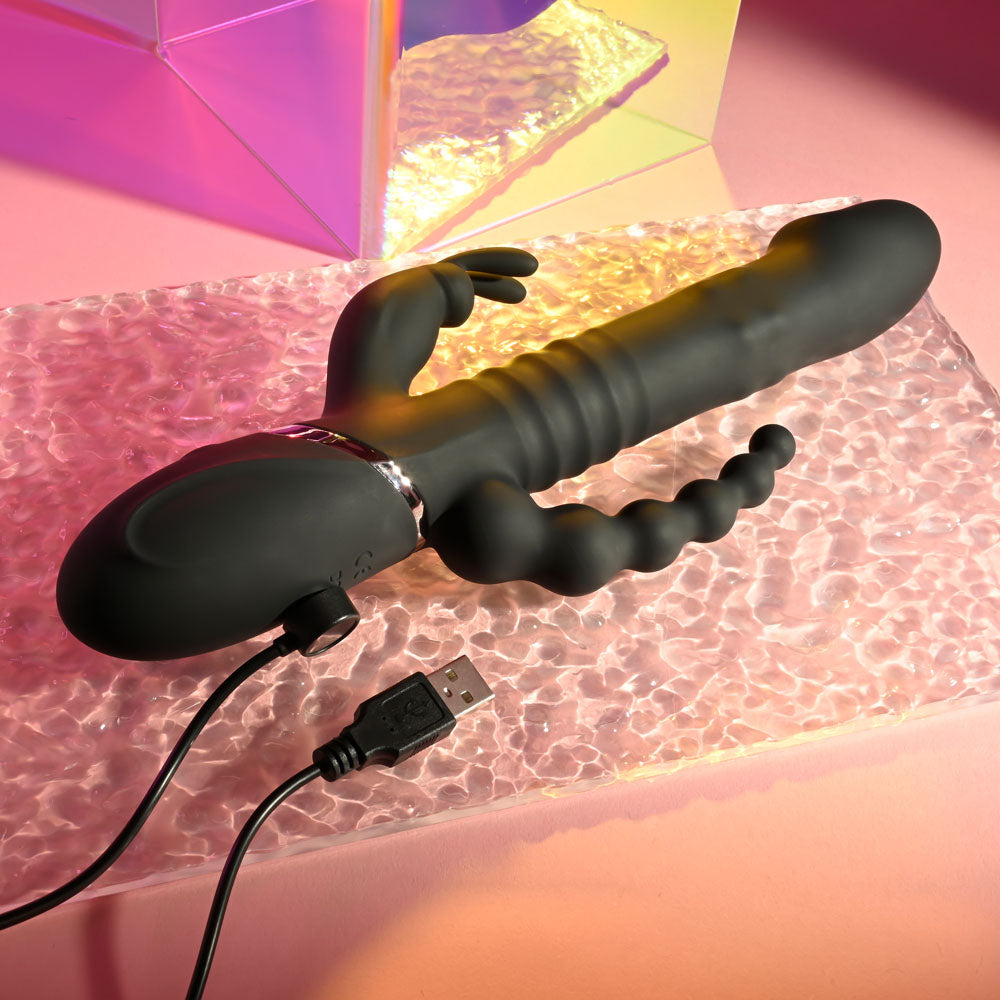 Playboy Pleasure BIG BUNNY ENERGY - Black 26.2 cm USB Rechargeable Rabbit Vibrator with Anal Beads