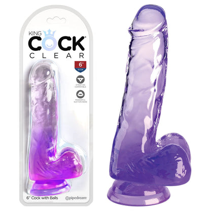 King Cock Clear 6'' Cock with Balls - Purple - Purple 15.2 cm Dong