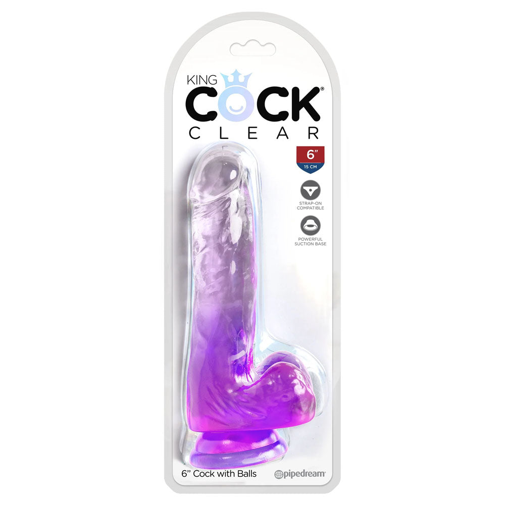 King Cock Clear 6'' Cock with Balls - Purple - Purple 15.2 cm Dong