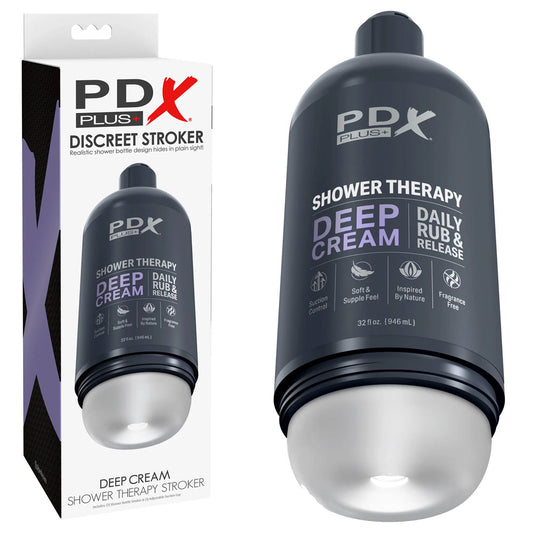 PDX Plus Shower Therapy - Deep Cream - Frosted - Clear Discreet Stroker with Suction Base