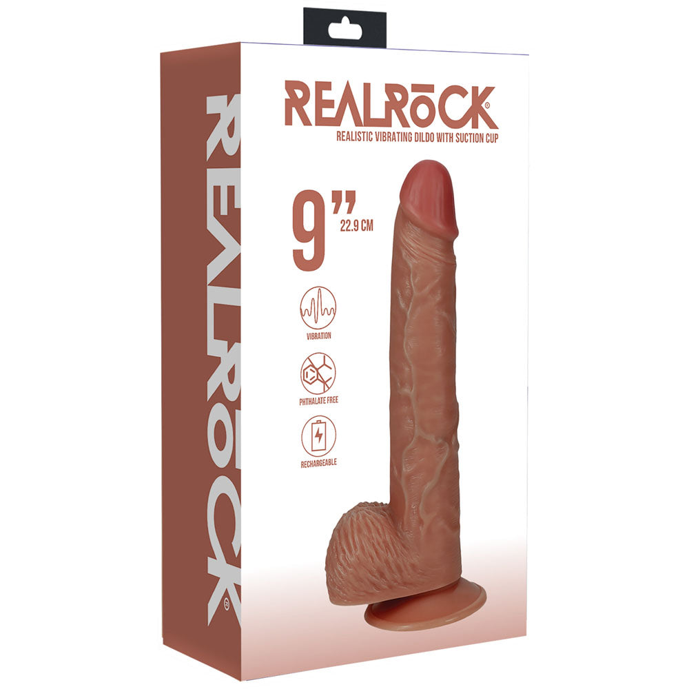 REALROCK 23cm Vibrating Cock + Balls - Tan - Tan 22.9 cm (9'') USB Rechargeable Vibrating Dong