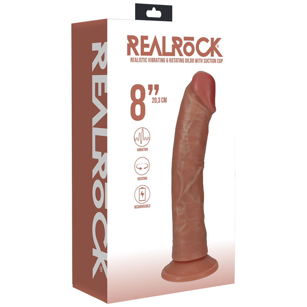 REALROCK 20cm Vibrating + Rotating Cock - Tan - Tan 20.3 cm (8'') USB Rechargeable Vibrating and Rotating Dong