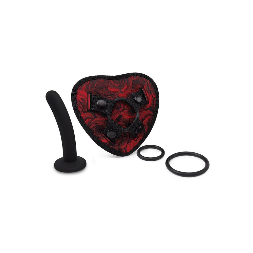 Secret Kisses ROSEGASM STRAP-ON HARNESS with Dildo - Red/Black Heart-Shaped Strap-On with 5 Dil