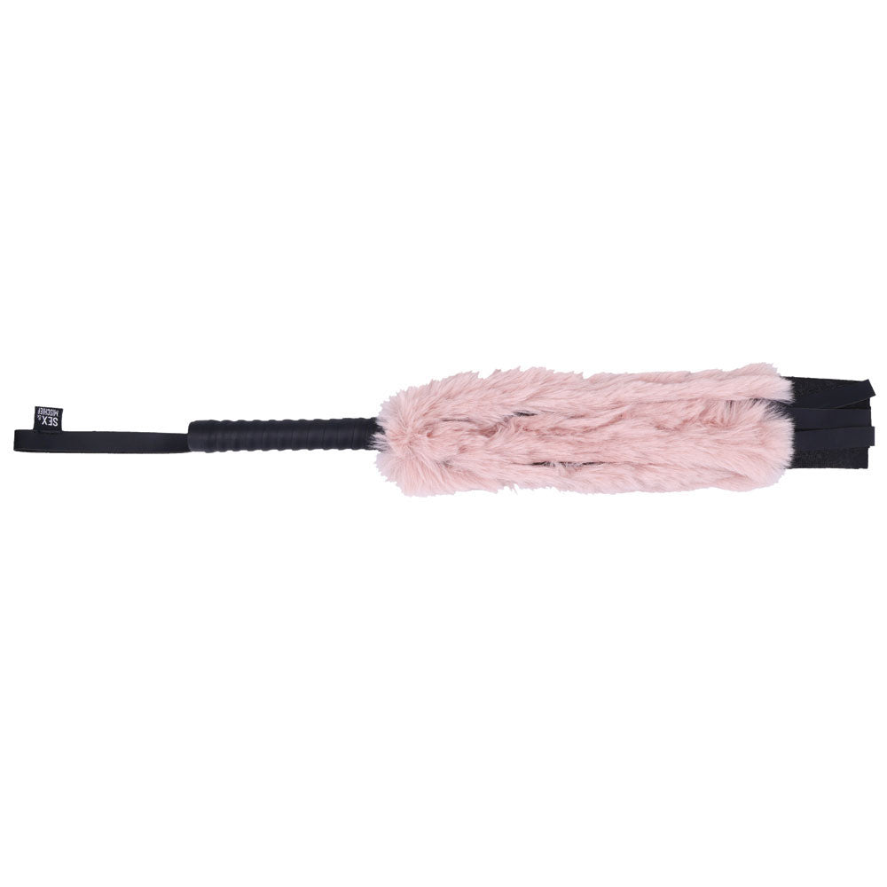 Sex & Mischief Brat Faux Fur Flogger - Black 50 cm Whip with Pink Faux Feather