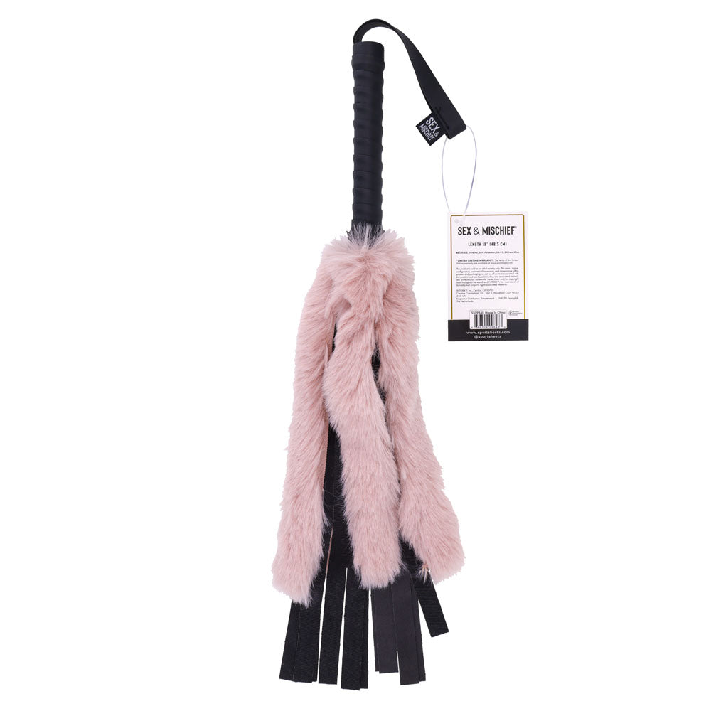 Sex & Mischief Brat Faux Fur Flogger - Black 50 cm Whip with Pink Faux Feather