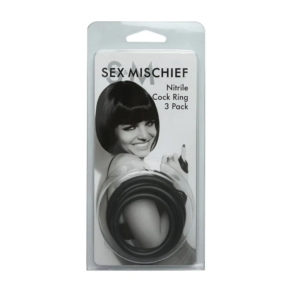 Sex & Mischief Nitrile Cock Ring 3 Pack - Black Cock Rings - Set of 3 Sizes