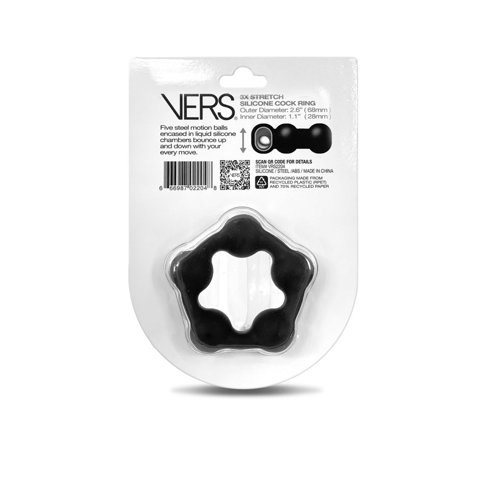 VERS Liquid Silicone Steel Motion C-Ring - Black Cock Ring with Steel Motion Balls