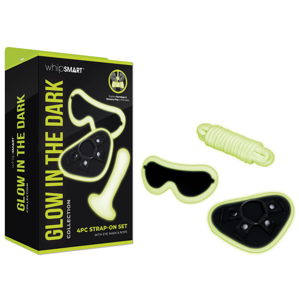 WhipSmart Glow In The Dark 4pc Strap-On Set - Glow in Dark 15.2 cm Strap-On with Eye Mask & Rope