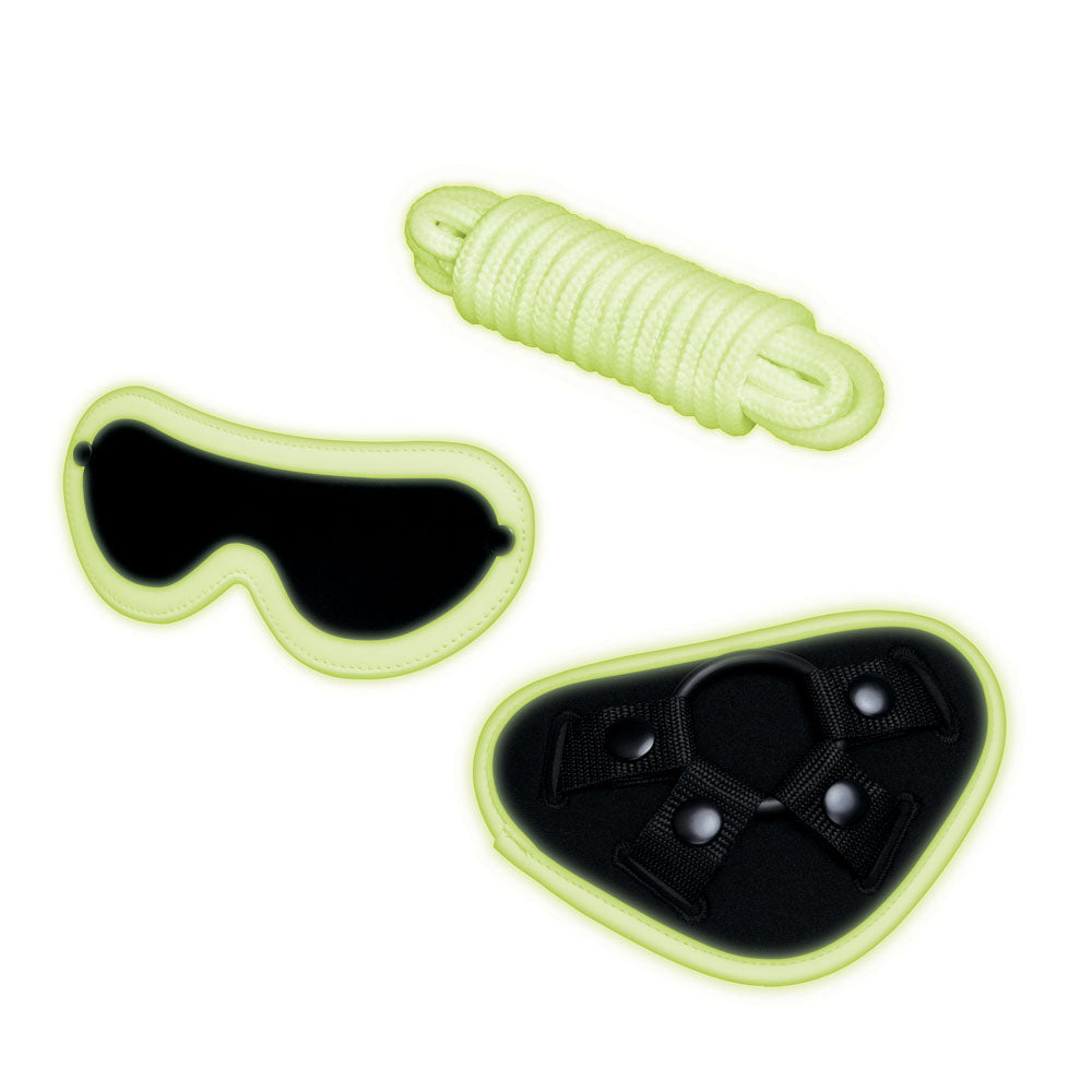 WhipSmart Glow In The Dark 4pc Strap-On Set - Glow in Dark 15.2 cm Strap-On with Eye Mask & Rope