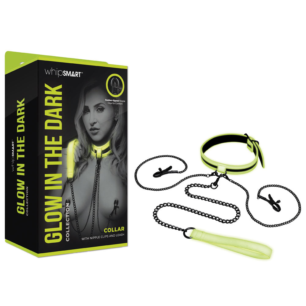 WhipSmart Glow In The Dark Collar with Nipple Clips & Leash - Glow in Dark Restraint