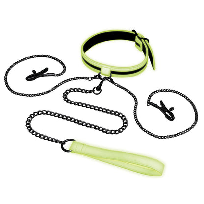 WhipSmart Glow In The Dark Collar with Nipple Clips & Leash - Glow in Dark Restraint