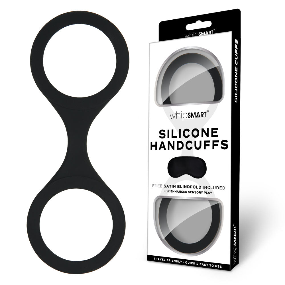 WhipSmart Silicone Handcuffs - Black - Black Restraint with Bonus Blindfold