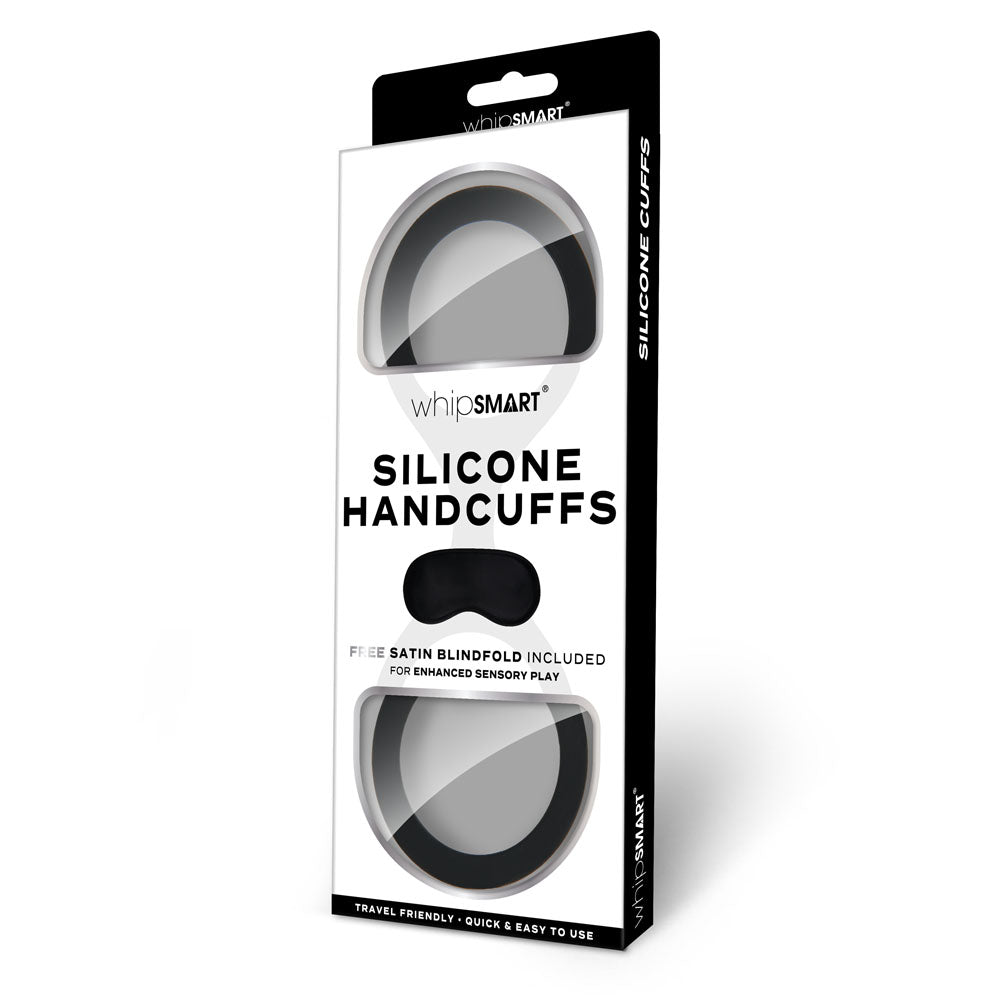 WhipSmart Silicone Handcuffs - Black - Black Restraint with Bonus Blindfold