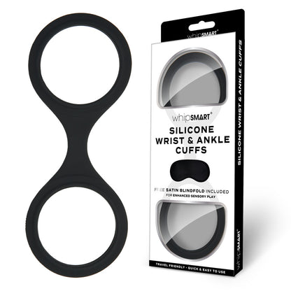 WhipSmart Silicone Wrist & Ankle Cuffs - Black - Black Restraints with Bonus Eye Mask