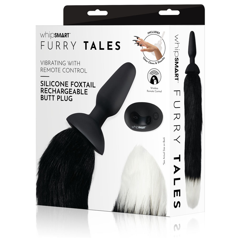 WhipSmart Furry Tales Silicone Foxtail Rechargeable Butt Plug - Black 9.5 cm Vibrating Butt Plug with Black Fox Tail & Remote Control