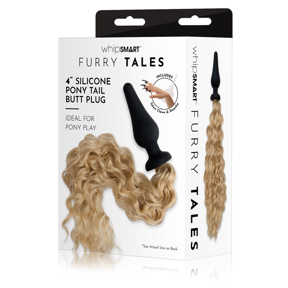 WhipSmart Furry Tales 4 Inch Silicone Pony Tail Butt Plug - Black 10.1 cm Butt Plug with Blonde Pony Tail