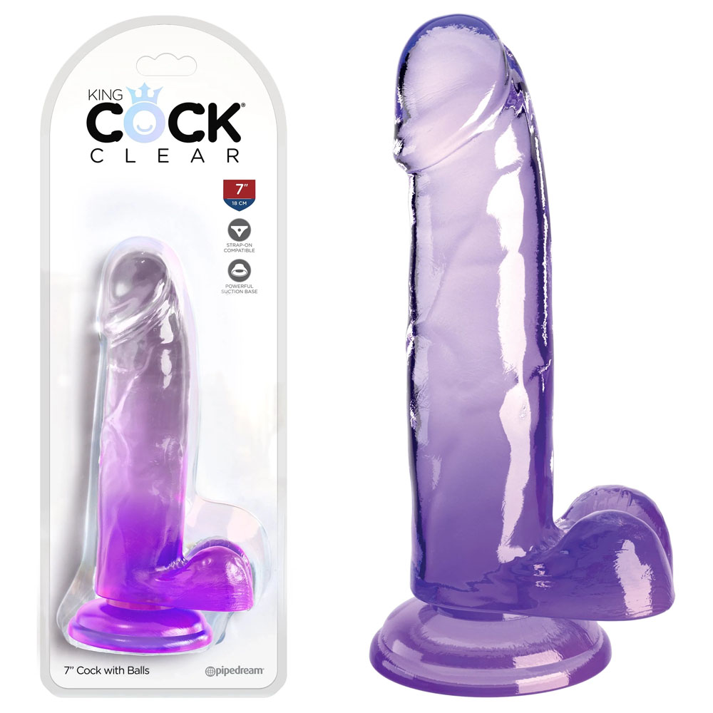 King Cock Clear 7'' Cock with Balls - Purple