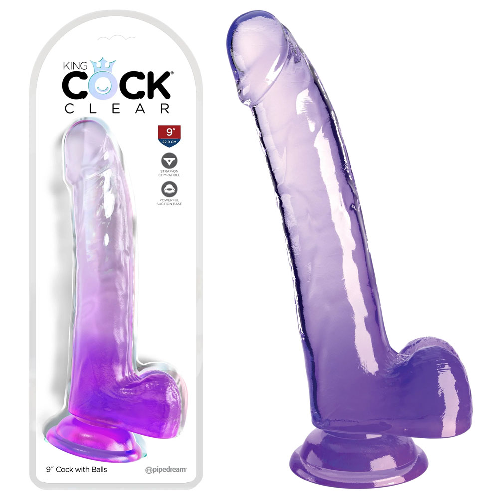King Cock Clear 9'' Cock with Balls - Purple